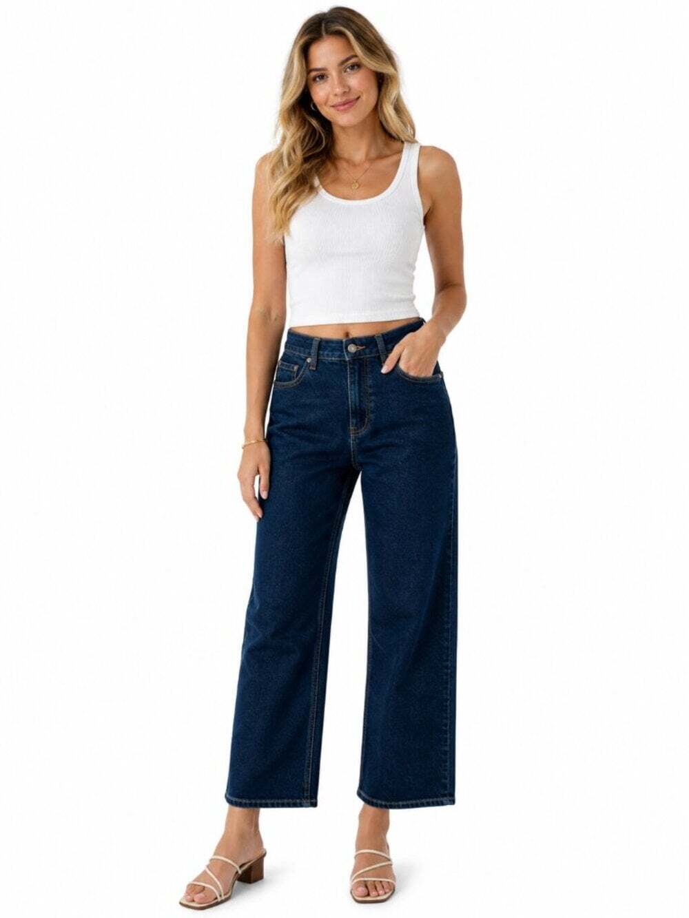 Warp Weft Inchen Cropped Wide Leg Jeans Dark Wash High Rise Denim Women 6/28